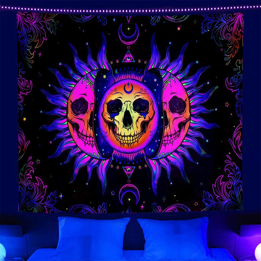 Wandtücher Neon-Schwarzlichteffekt Psychadelische Totenköpfe 150x100cm