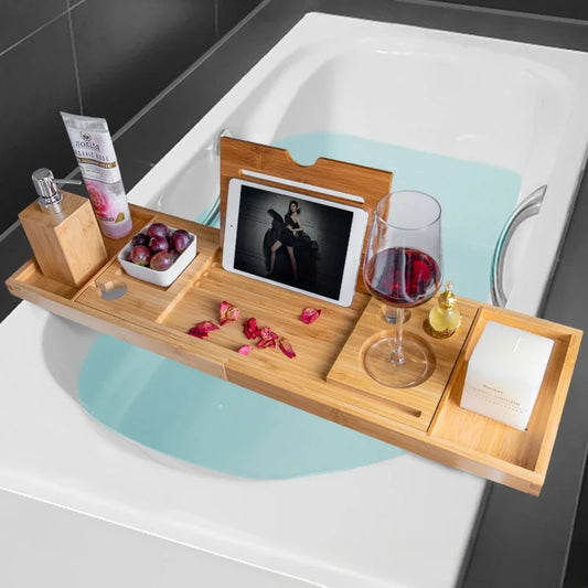 Ausziehbarer Wellness Spa-Bambus Badewanne Tablett Organizer ink. Buch Wein Halter und rutschfestem Boden