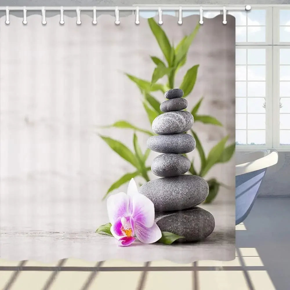 Zen Duschvorhang-Set, Spa-Steine und Orchideenblumen aus Polyestergewebe mit Haken, Badezimmerdekoration