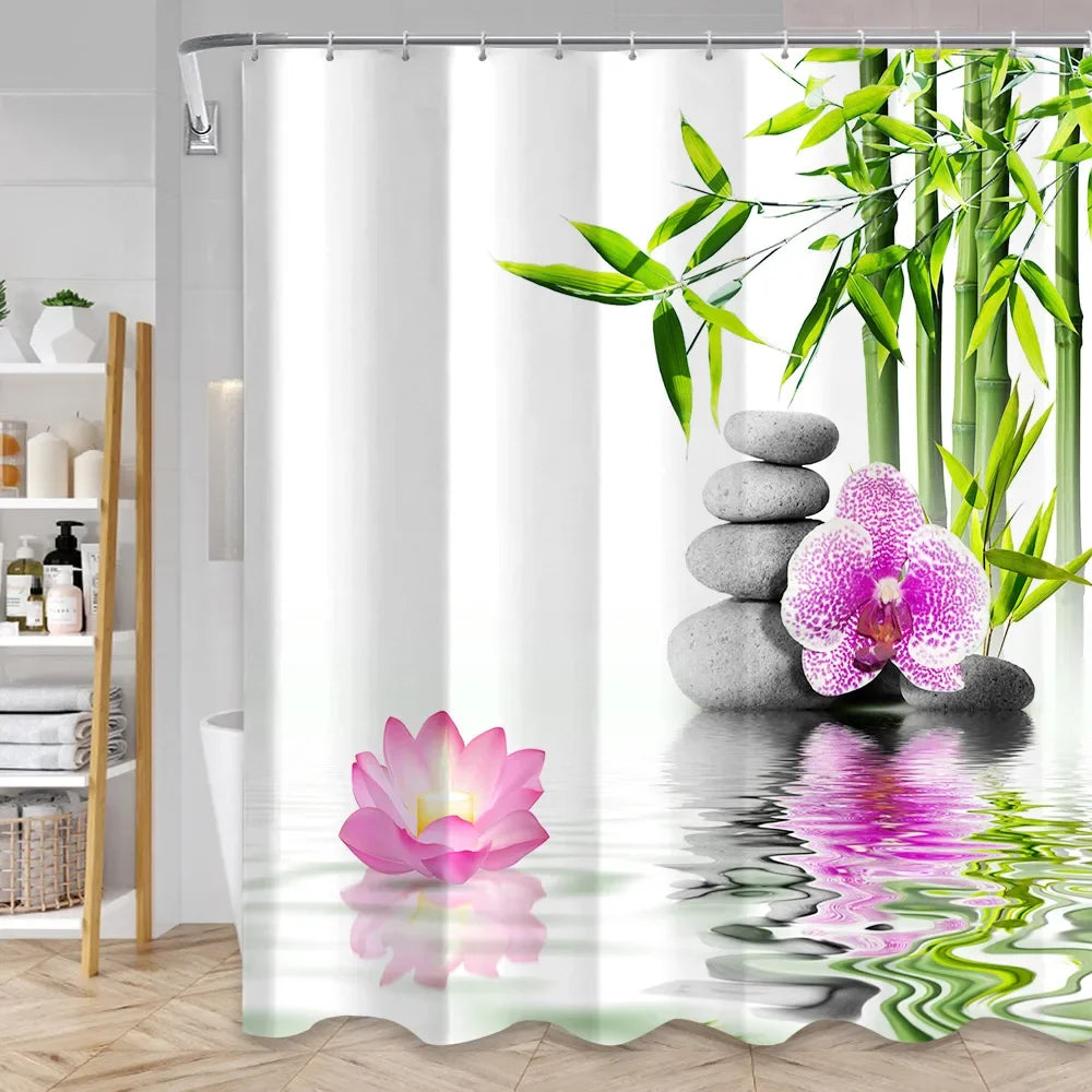 Zen Duschvorhang-Set, Spa-Steine und Orchideenblumen aus Polyestergewebe mit Haken, Badezimmerdekoration